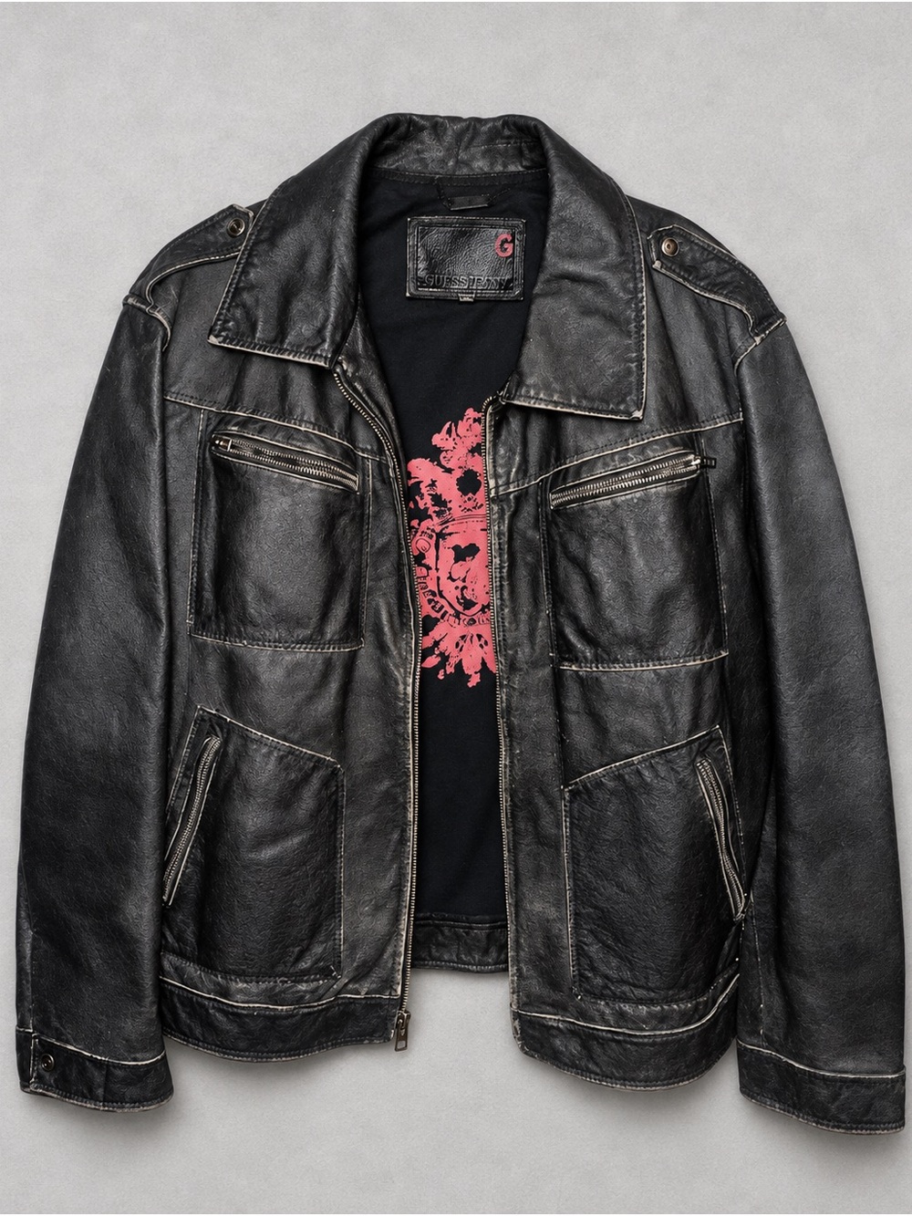 Vintage Y2K-era Guess Jeans genuine black leather biker jacket. Size XXL.